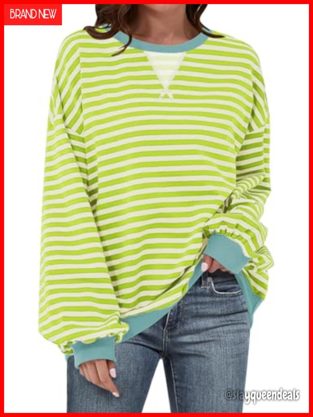 Oversized Striped Crewneck Sweatshirt Long Sleeve Pullover Cotton Blend